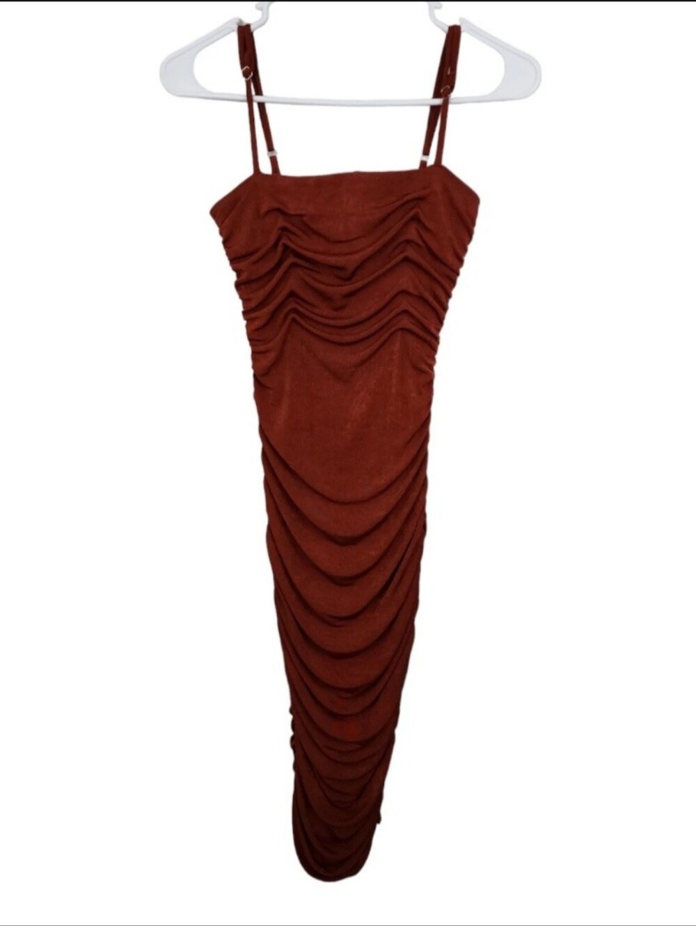 Hello Molly Dream Lantern Midi Dress Rust Ruching Detail Stretch Size Small